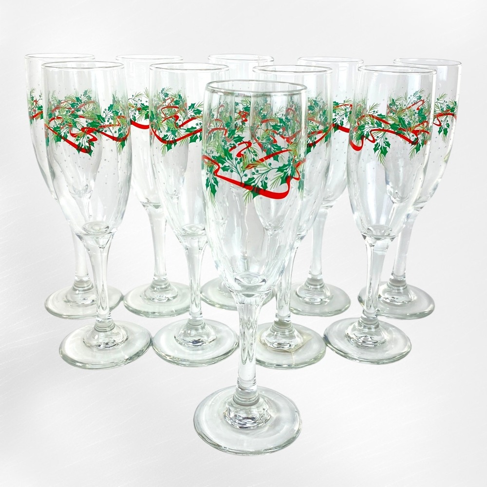Libbey Christmas Champagne Flutes Set 10 Holly Ribbon Evergreen Snow 1990s